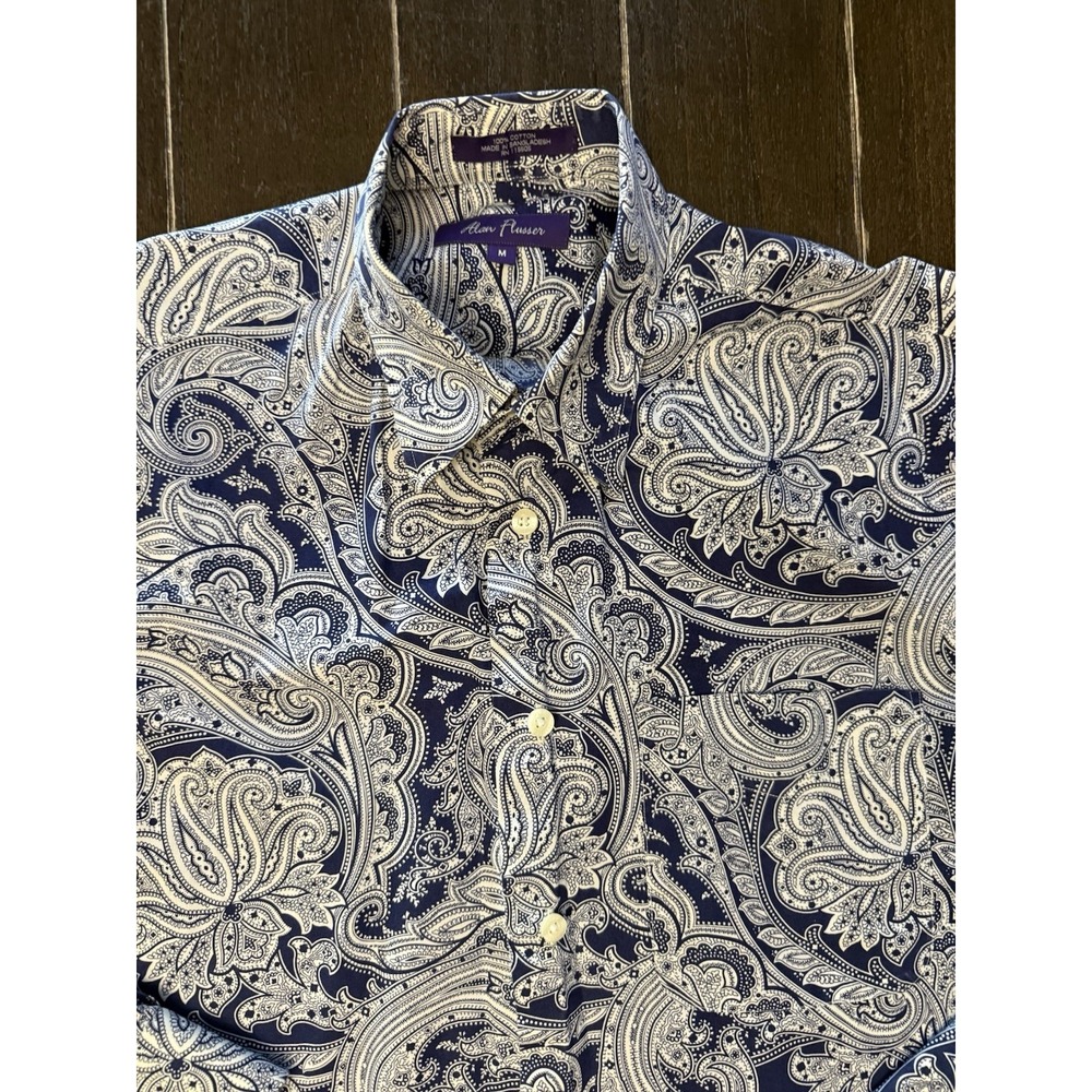 Alan Flusser Mens M Paisley Shirt Navy Cream 100% Cotton Button Up